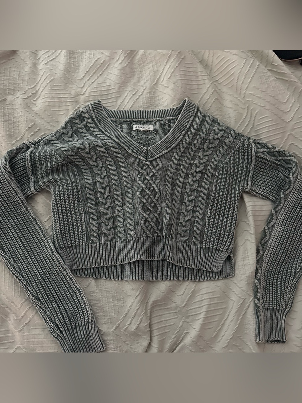 Aeropostale Sage Green Cable Knit V-Neck Cropped Sweater